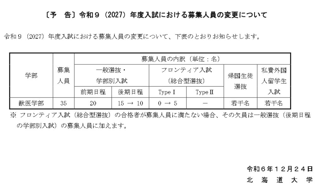 北海道大学獣医学部　推薦入試